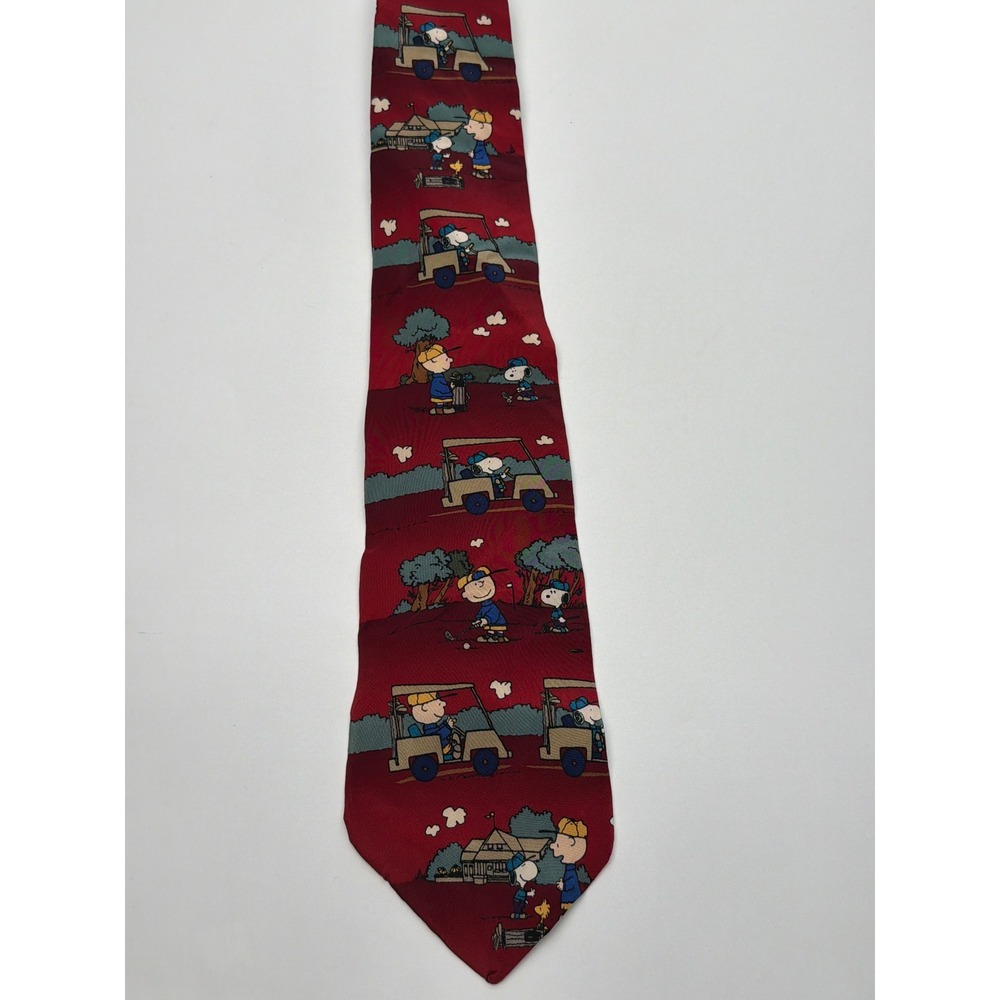 Peanuts Charlie Brown Snoopy Golf Silk Tie Burgundy Red Vintage Made in‎ USA